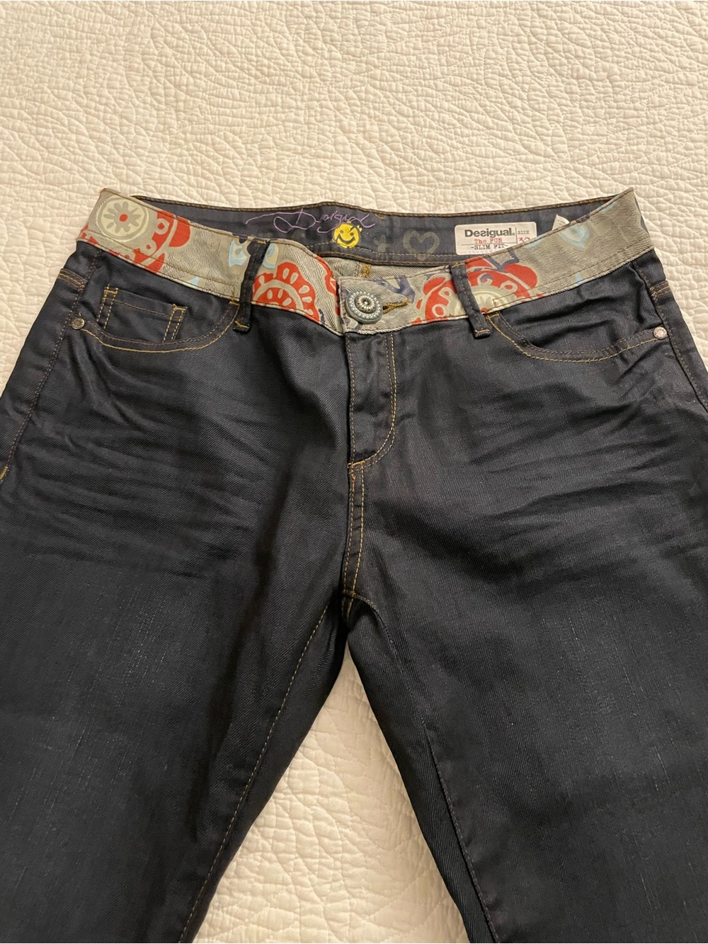 NWOT Desigual Women's The Fun Slim Fit Jeans Multicolor Printed Waist Size 32